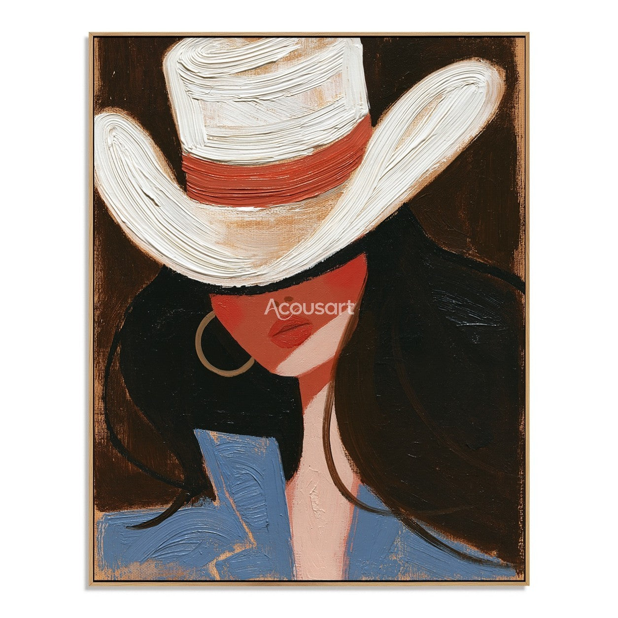 Modern western fashion portrait wall art of a woman in a white cowboy hat, blue jacket, and dark hair on a warm brown background