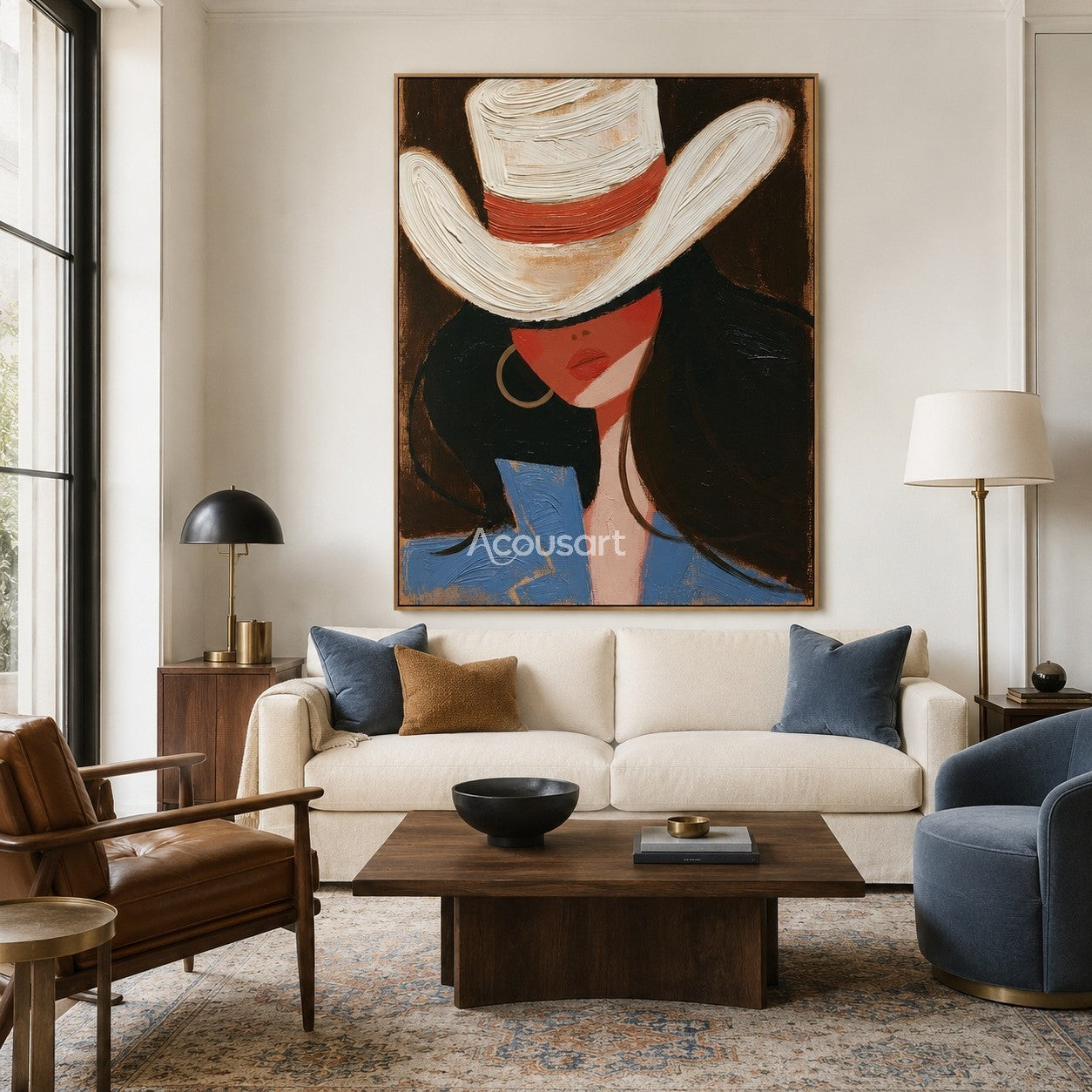 Modern western fashion portrait wall art of a woman in a white cowboy hat, blue jacket, and dark hair on a warm brown background