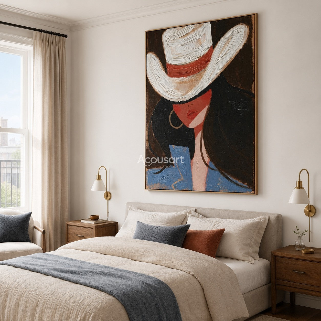 Modern western fashion portrait wall art of a woman in a white cowboy hat, blue jacket, and dark hair on a warm brown background