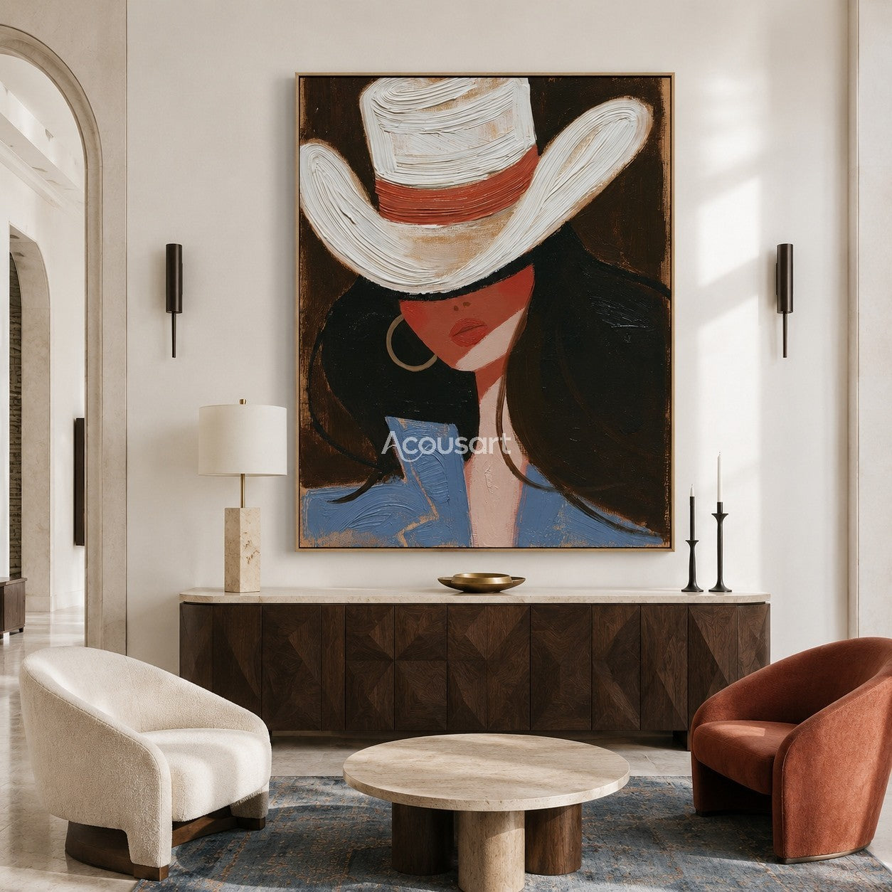 Modern western fashion portrait wall art of a woman in a white cowboy hat, blue jacket, and dark hair on a warm brown background