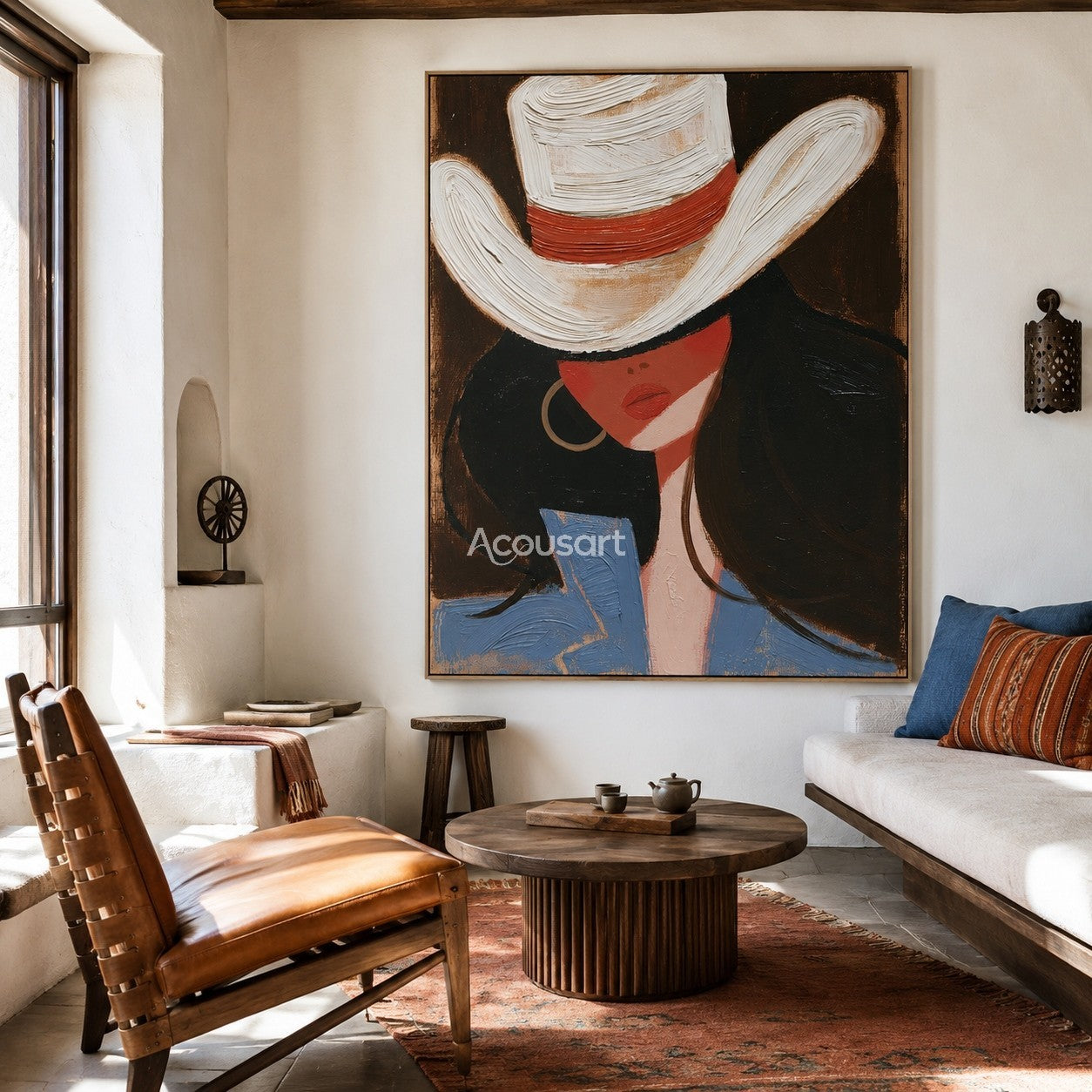 Modern western fashion portrait wall art of a woman in a white cowboy hat, blue jacket, and dark hair on a warm brown background