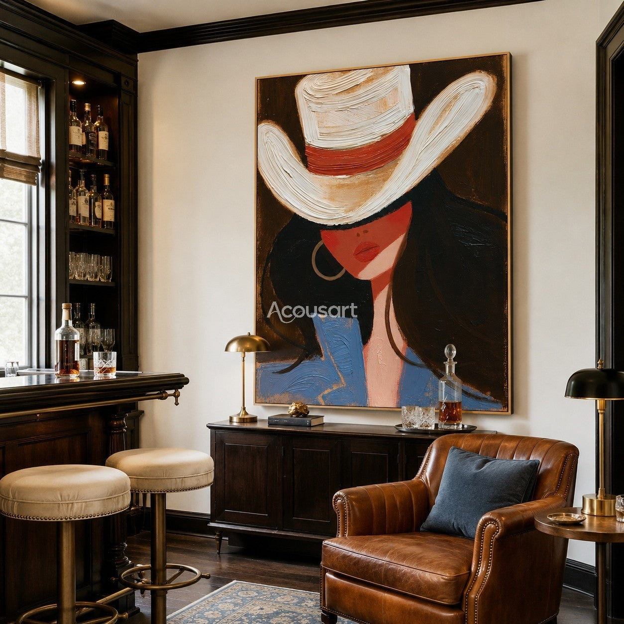 Modern western fashion portrait wall art of a woman in a white cowboy hat, blue jacket, and dark hair on a warm brown background
