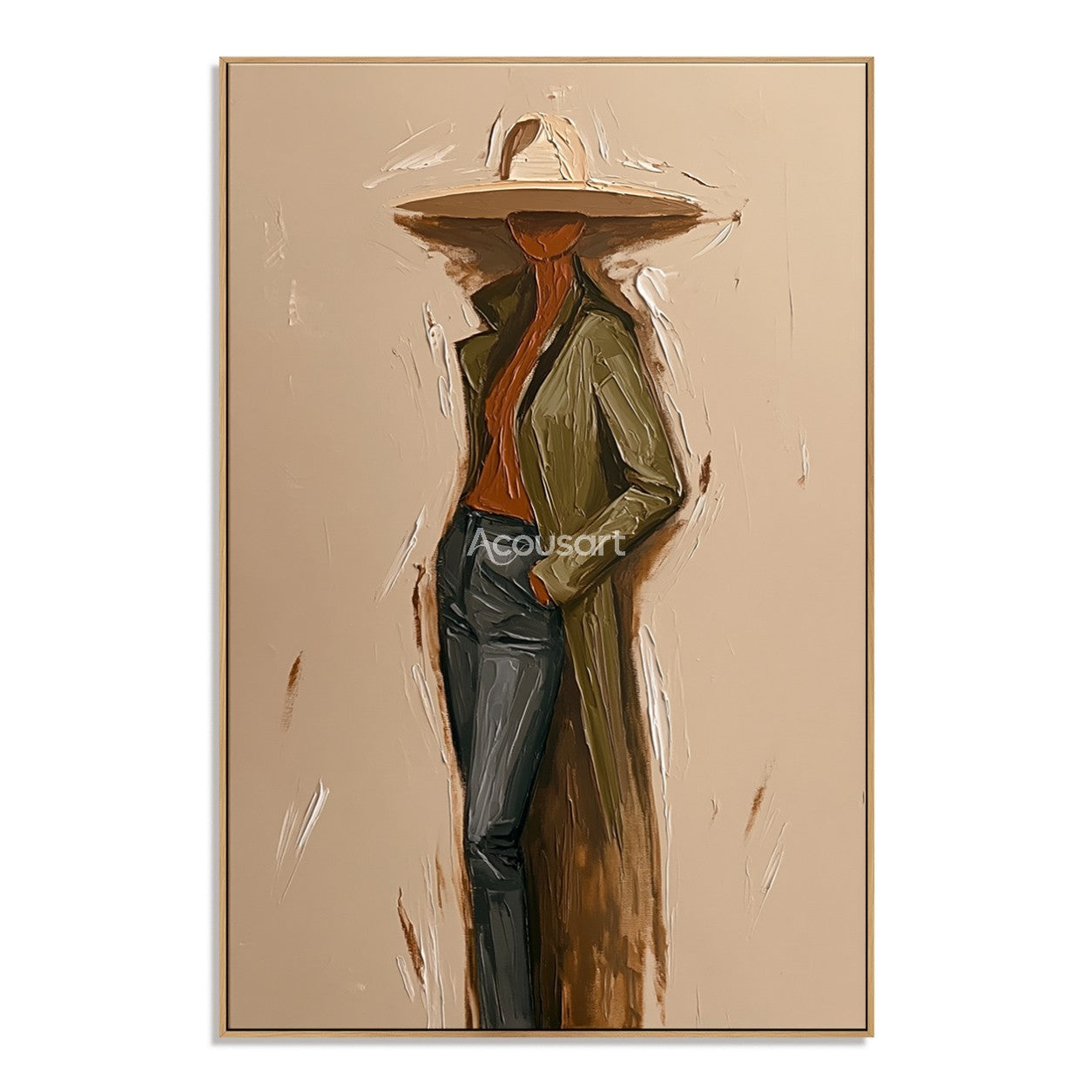 Modern figurative portrait wall art of a stylish person wearing a wide hat and coat in warm neutral colors
