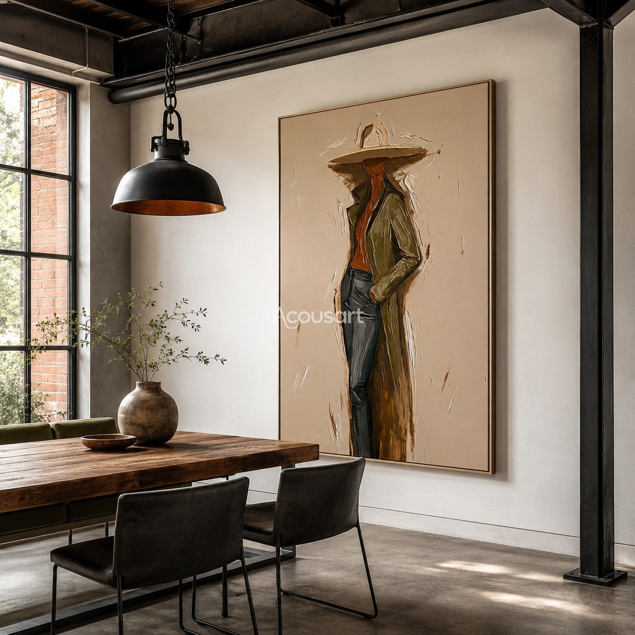 Modern figurative portrait wall art of a stylish person wearing a wide hat and coat in warm neutral colors