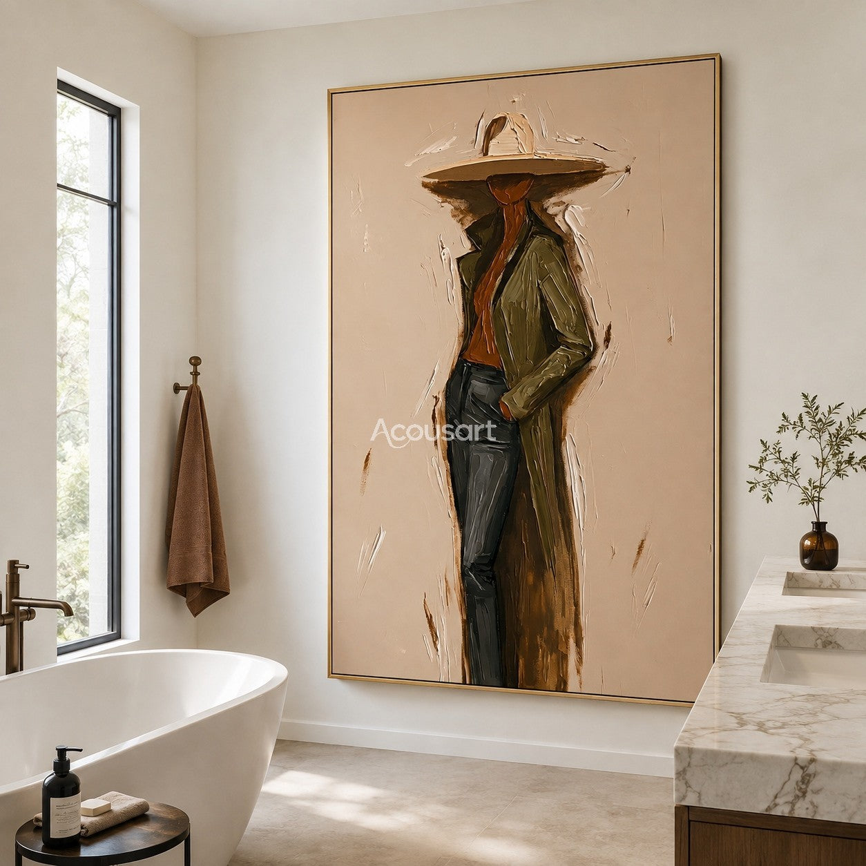 Modern figurative portrait wall art of a stylish person wearing a wide hat and coat in warm neutral colors