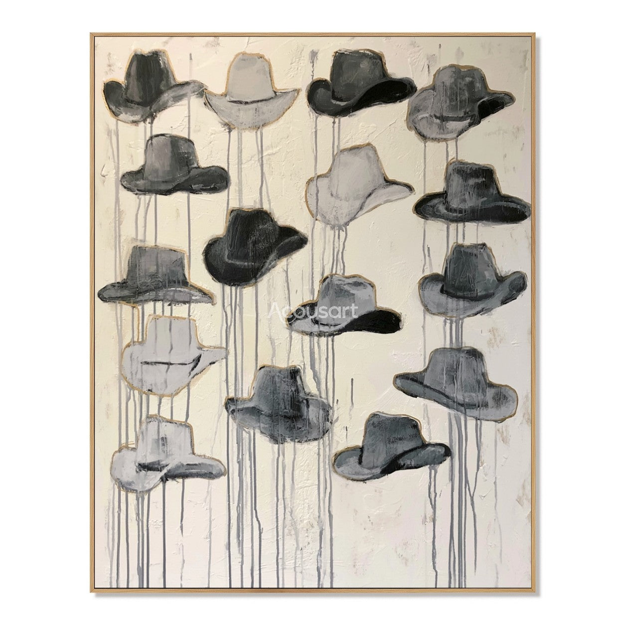 Textured western wall art featuring a collection of black and gray cowboy hats on a neutral background