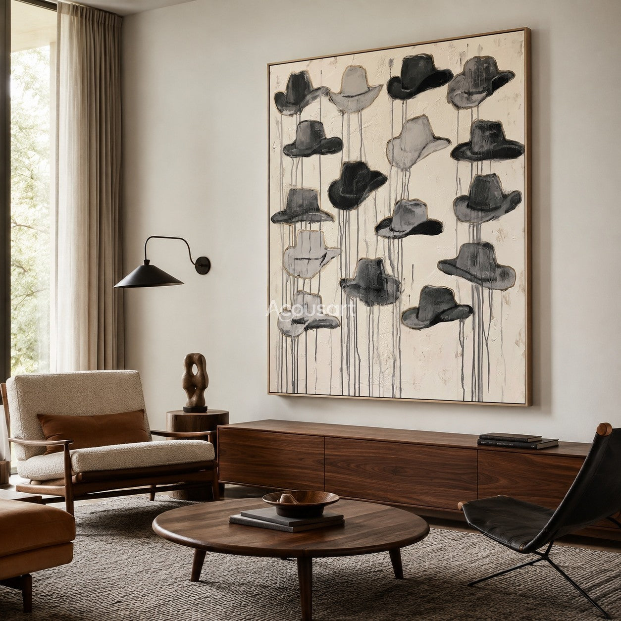Textured western wall art featuring a collection of black and gray cowboy hats on a neutral background