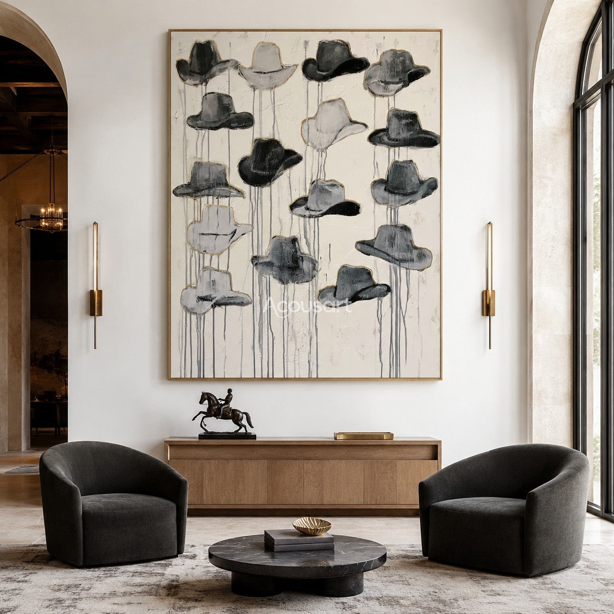 Textured western wall art featuring a collection of black and gray cowboy hats on a neutral background