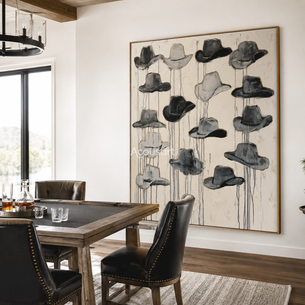 Textured western wall art featuring a collection of black and gray cowboy hats on a neutral background