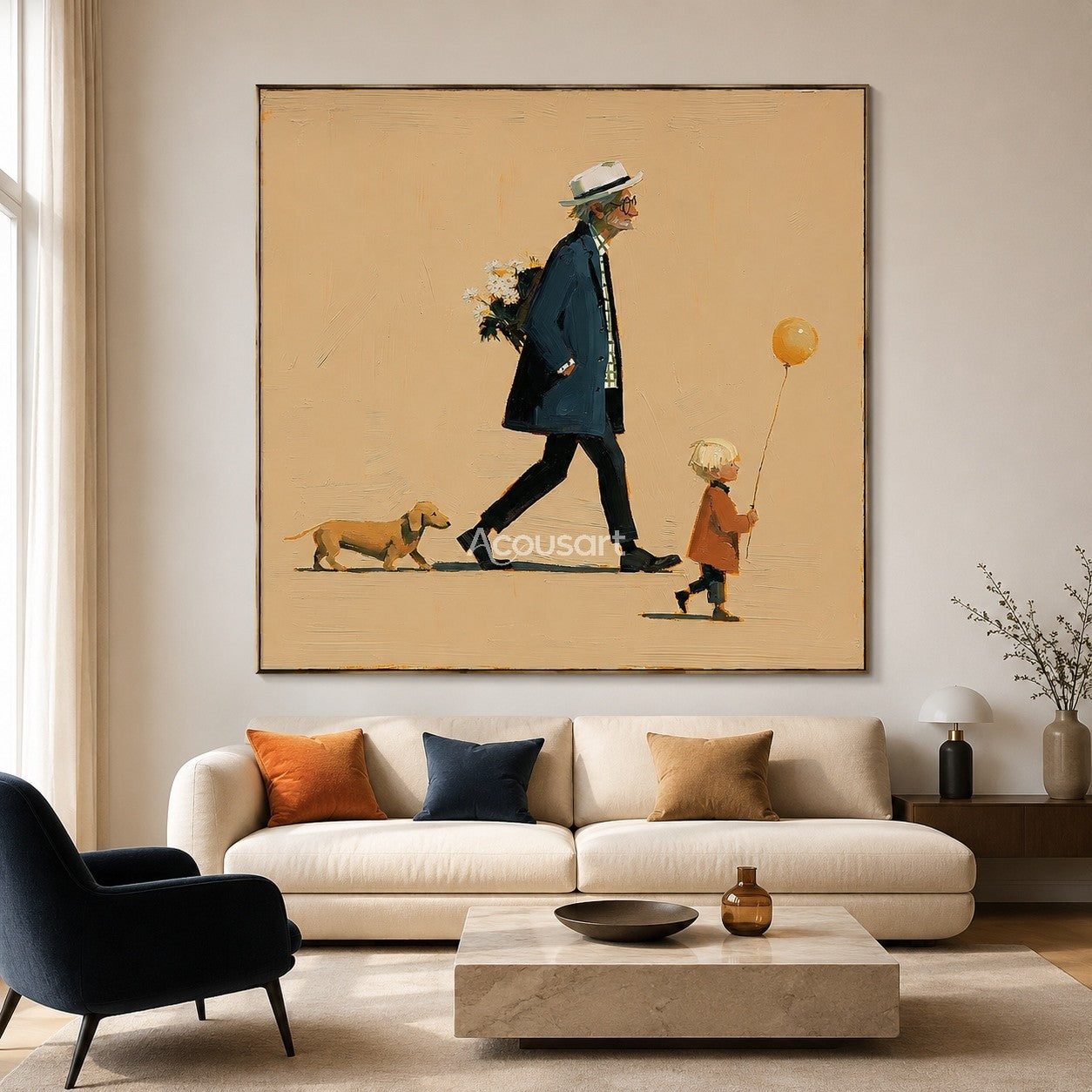 Family wall art showing an older man, child with yellow balloon, and small dog walking on a soft beige background