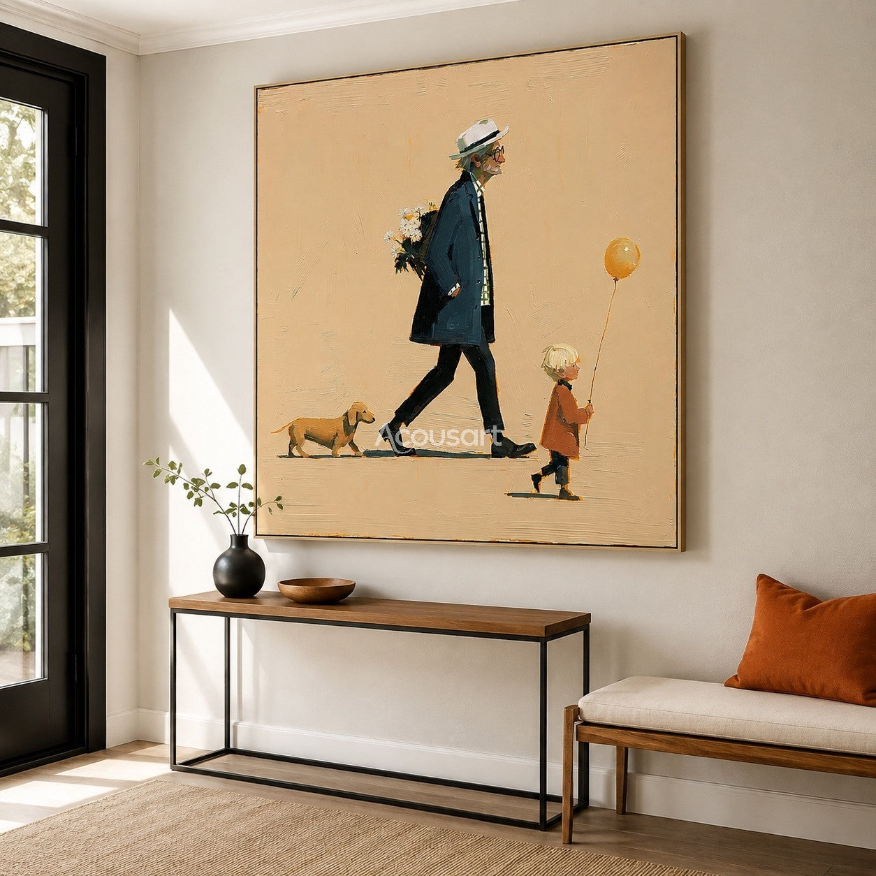 Family wall art showing an older man, child with yellow balloon, and small dog walking on a soft beige background