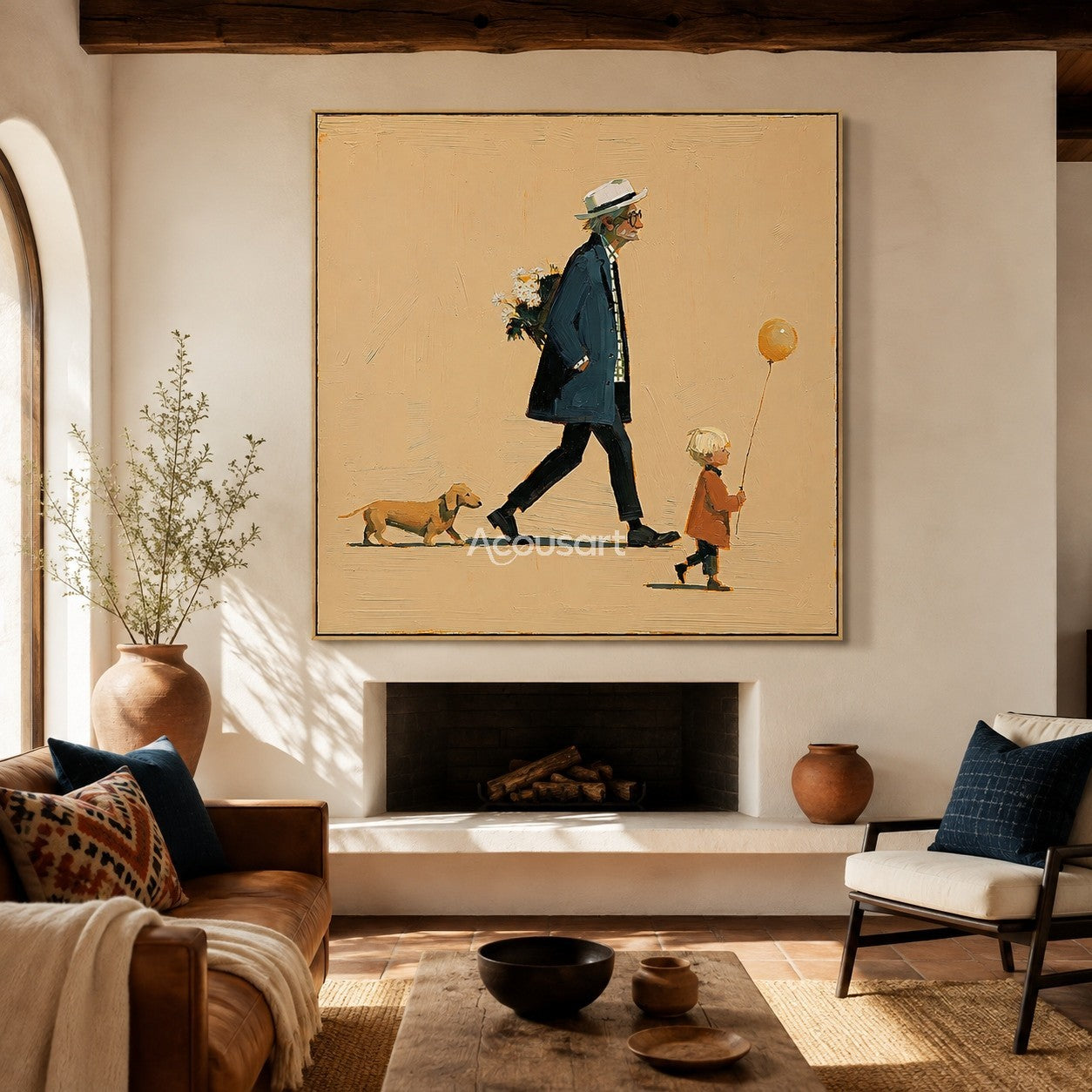 Family wall art showing an older man, child with yellow balloon, and small dog walking on a soft beige background