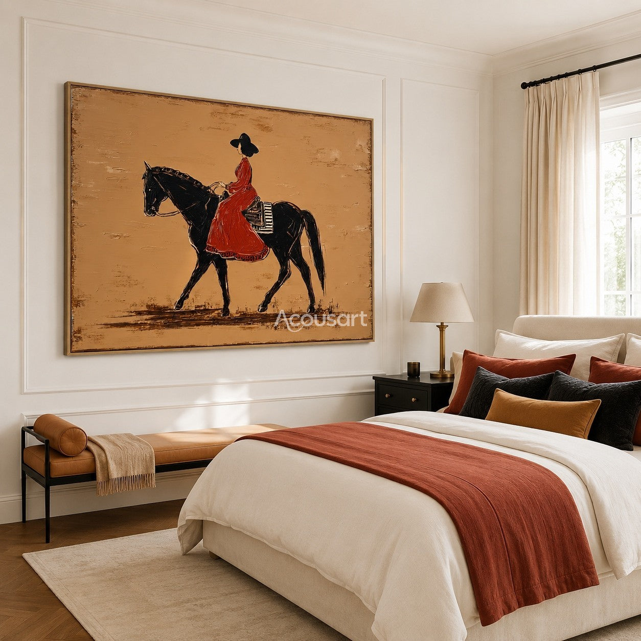 Western wall art of a woman in a red dress riding a black horse on a warm beige background