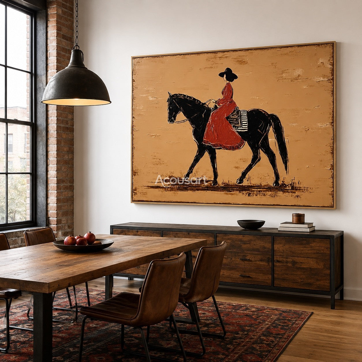 Western wall art of a woman in a red dress riding a black horse on a warm beige background