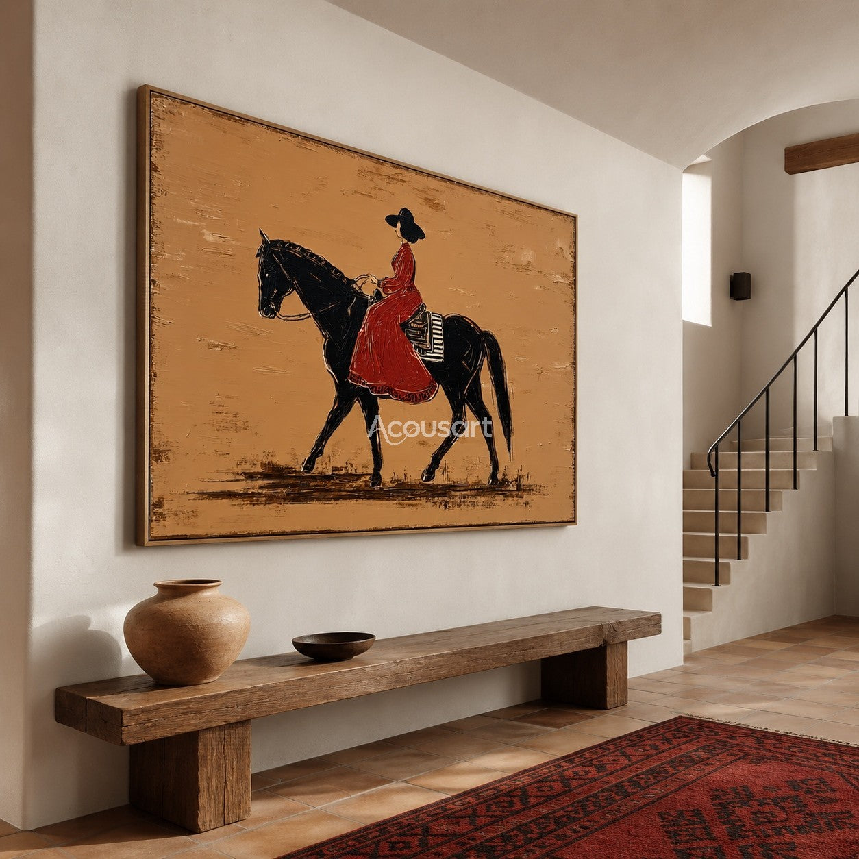 Western wall art of a woman in a red dress riding a black horse on a warm beige background