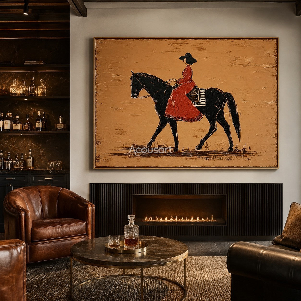 Western wall art of a woman in a red dress riding a black horse on a warm beige background