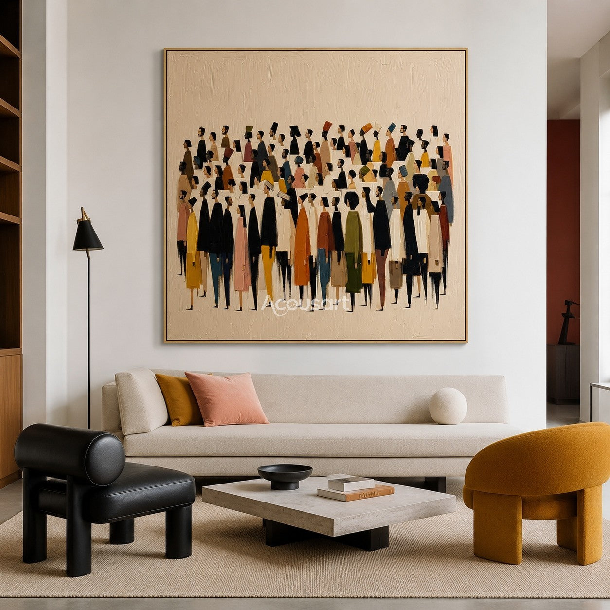 Modern figurative wall art showing a colorful crowd of people on a soft beige textured background