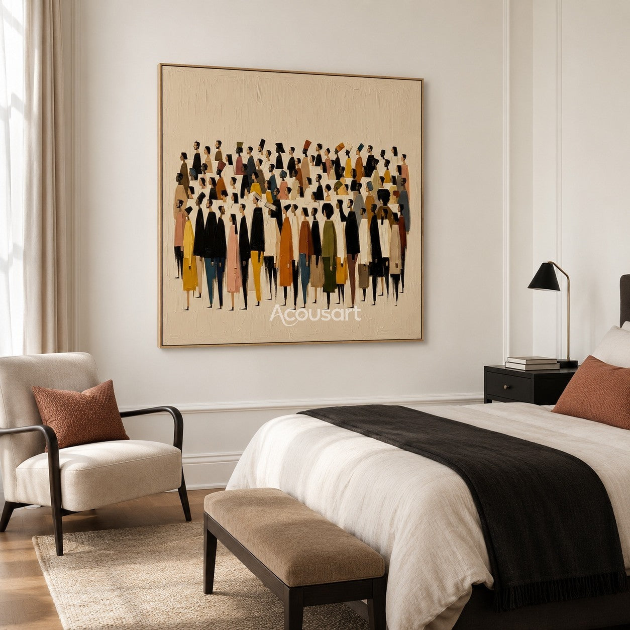Modern figurative wall art showing a colorful crowd of people on a soft beige textured background