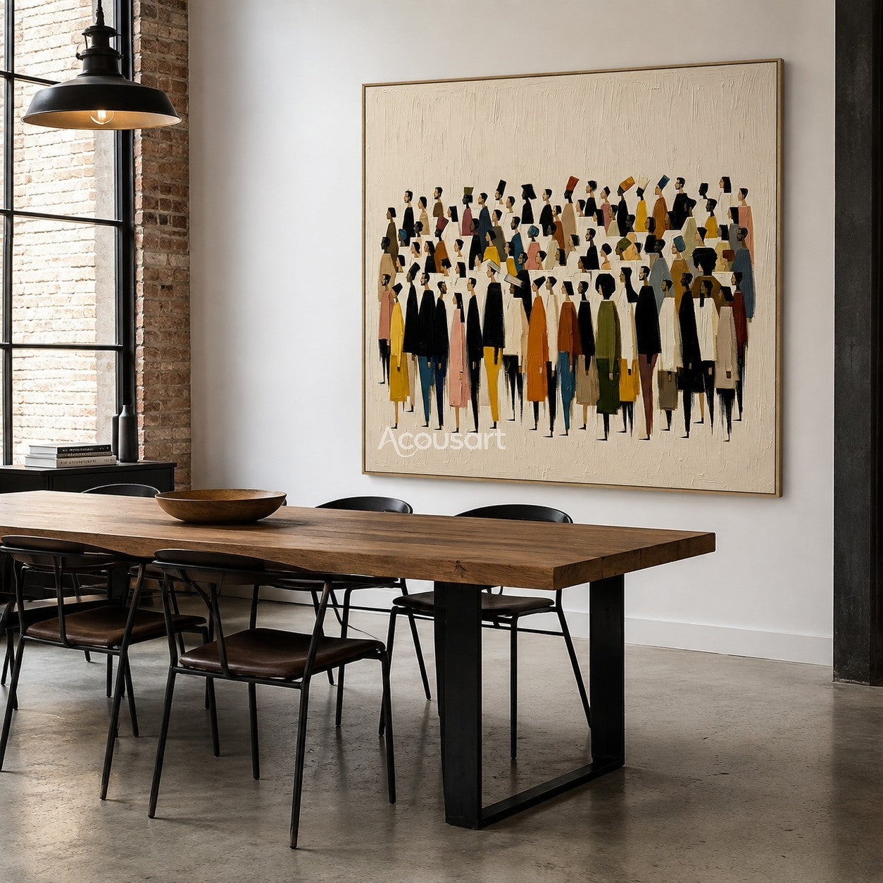 Modern figurative wall art showing a colorful crowd of people on a soft beige textured background