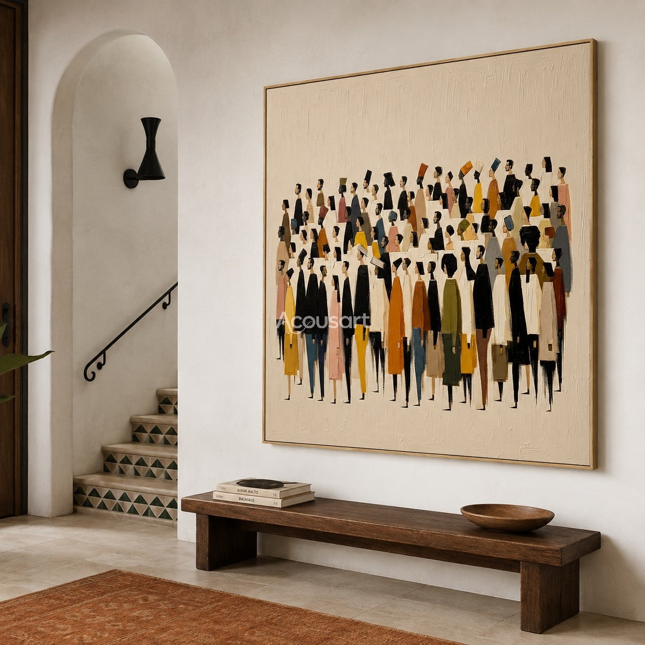 Modern figurative wall art showing a colorful crowd of people on a soft beige textured background