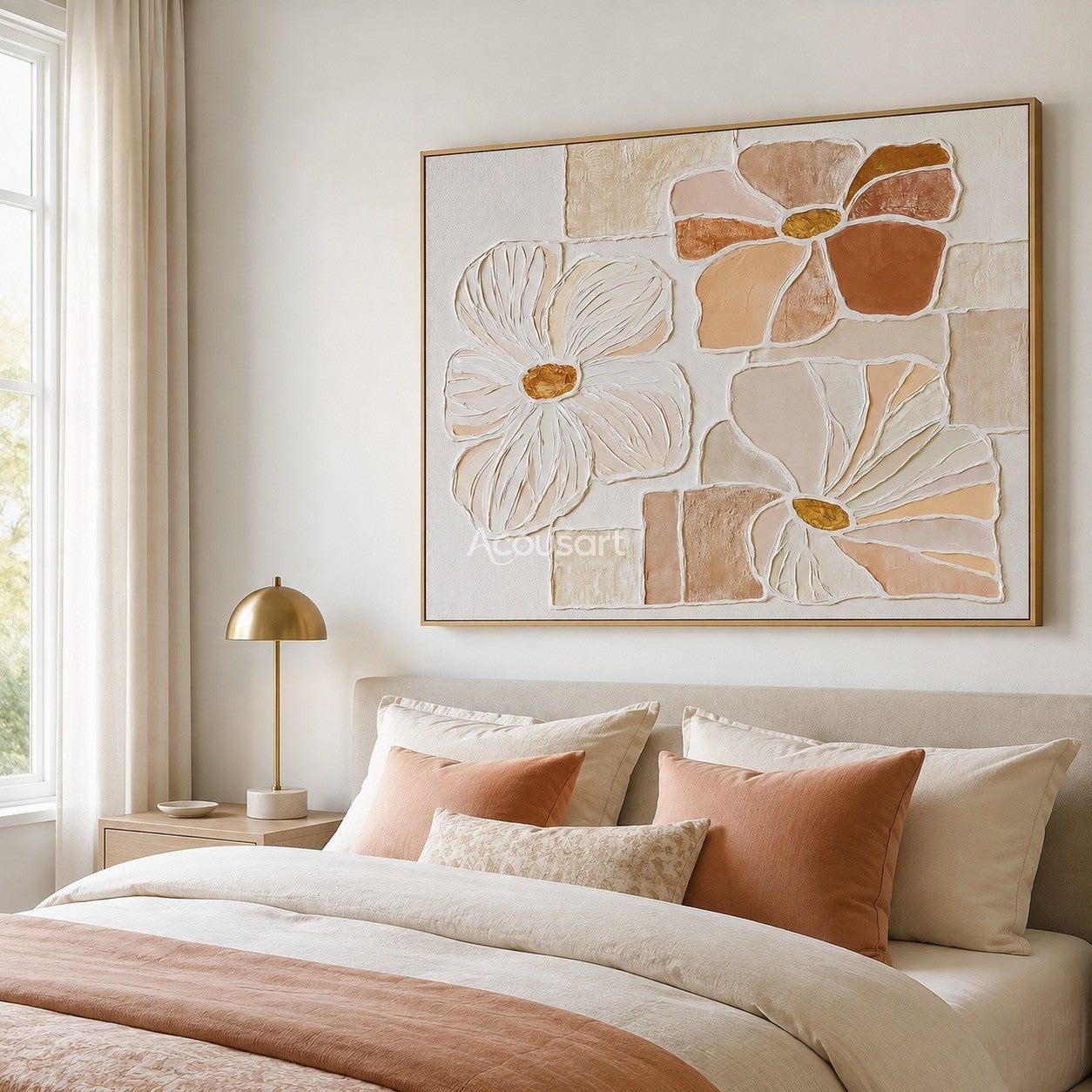 Textured floral wall art with cream, blush pink, peach, and terracotta flowers on a soft neutral background