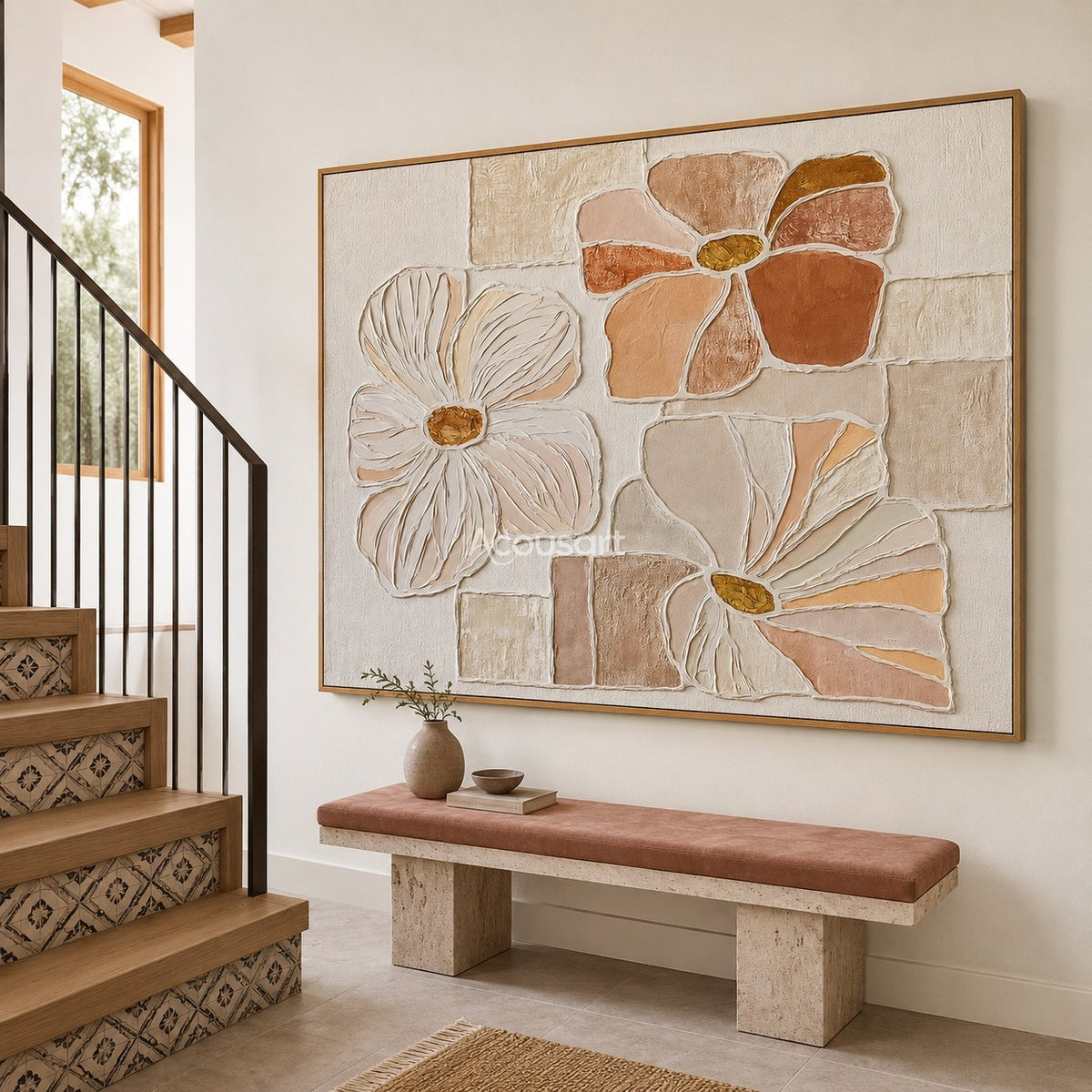 Textured floral wall art with cream, blush pink, peach, and terracotta flowers on a soft neutral background