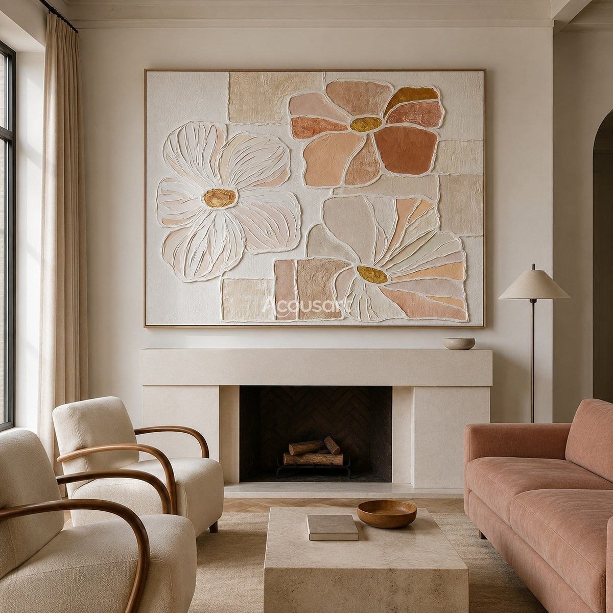 Textured floral wall art with cream, blush pink, peach, and terracotta flowers on a soft neutral background