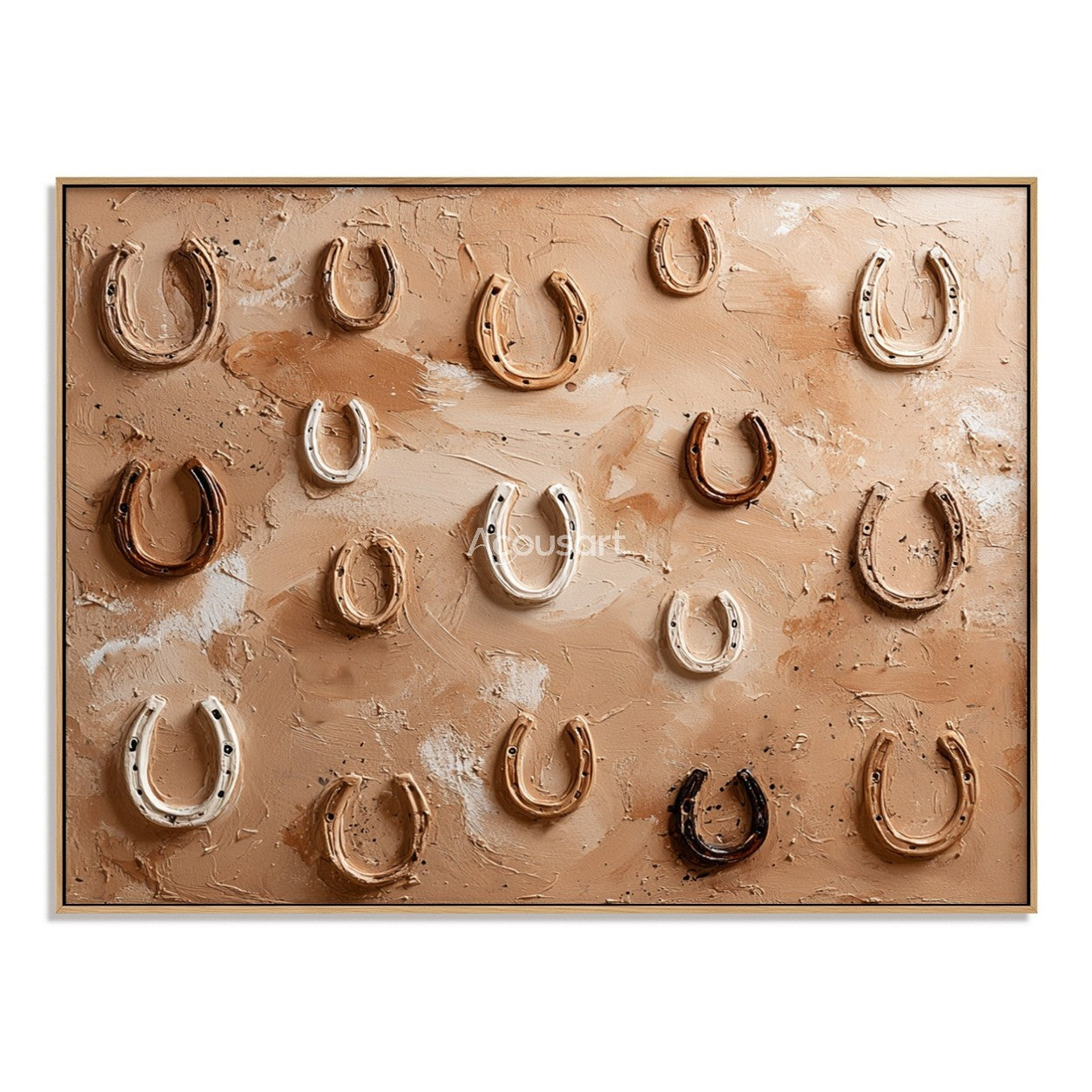 Western textured wall art featuring raised horseshoes on a warm beige rustic background