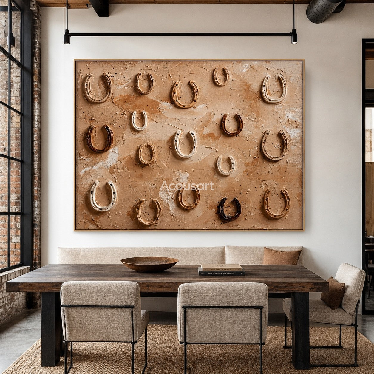 Western textured wall art featuring raised horseshoes on a warm beige rustic background