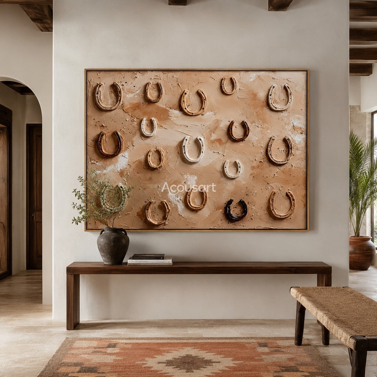 Western textured wall art featuring raised horseshoes on a warm beige rustic background