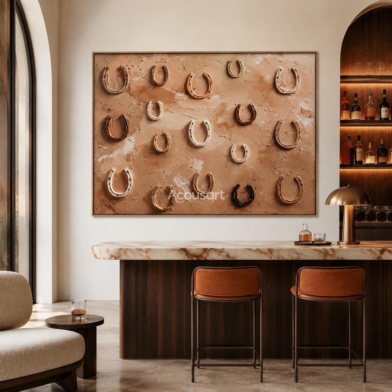 Western textured wall art featuring raised horseshoes on a warm beige rustic background