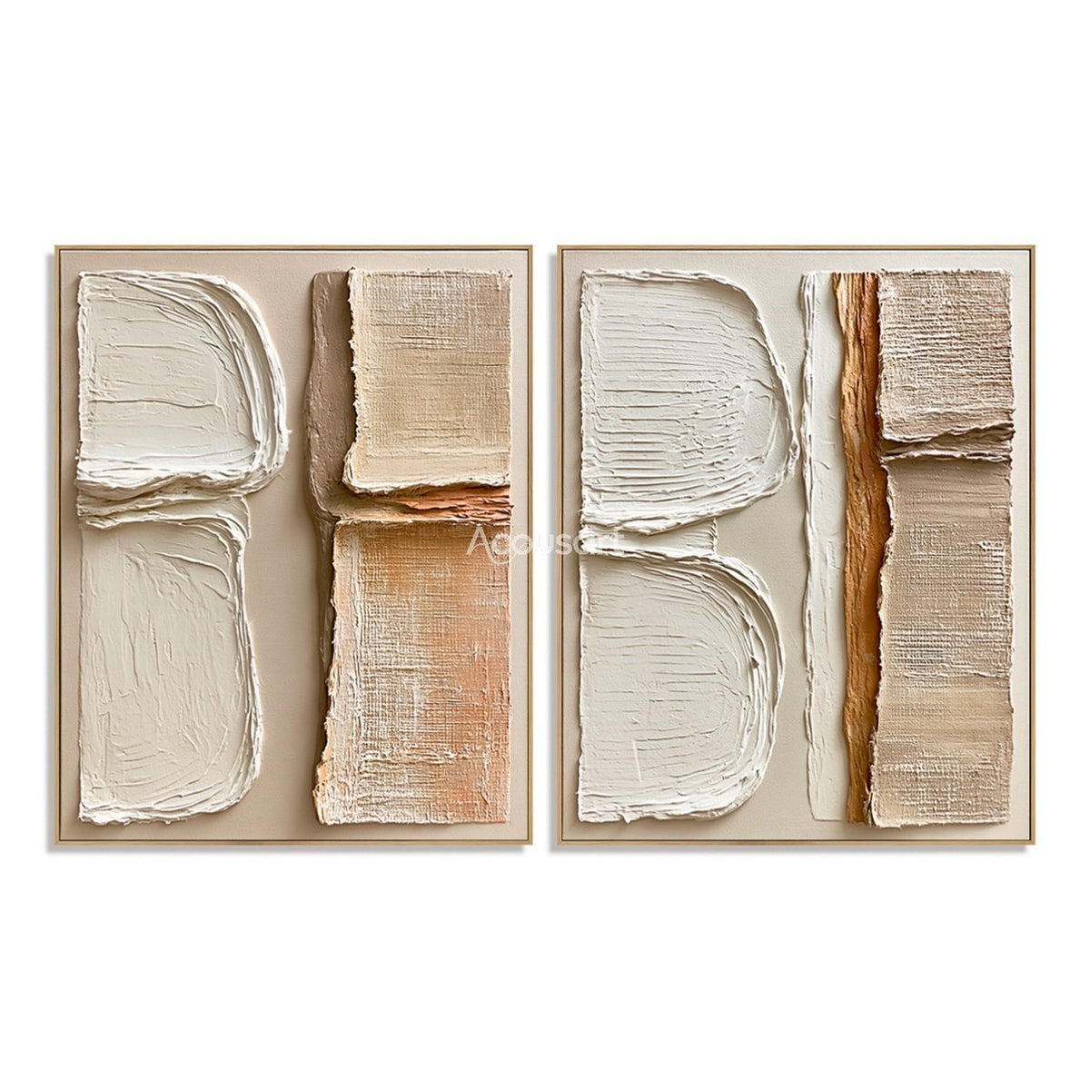 Neutral textured abstract wall art set with raised cream, beige, taupe, and clay geometric shapes
