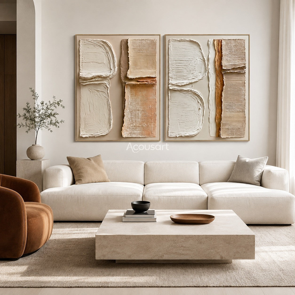 Neutral textured abstract wall art set with raised cream, beige, taupe, and clay geometric shapes