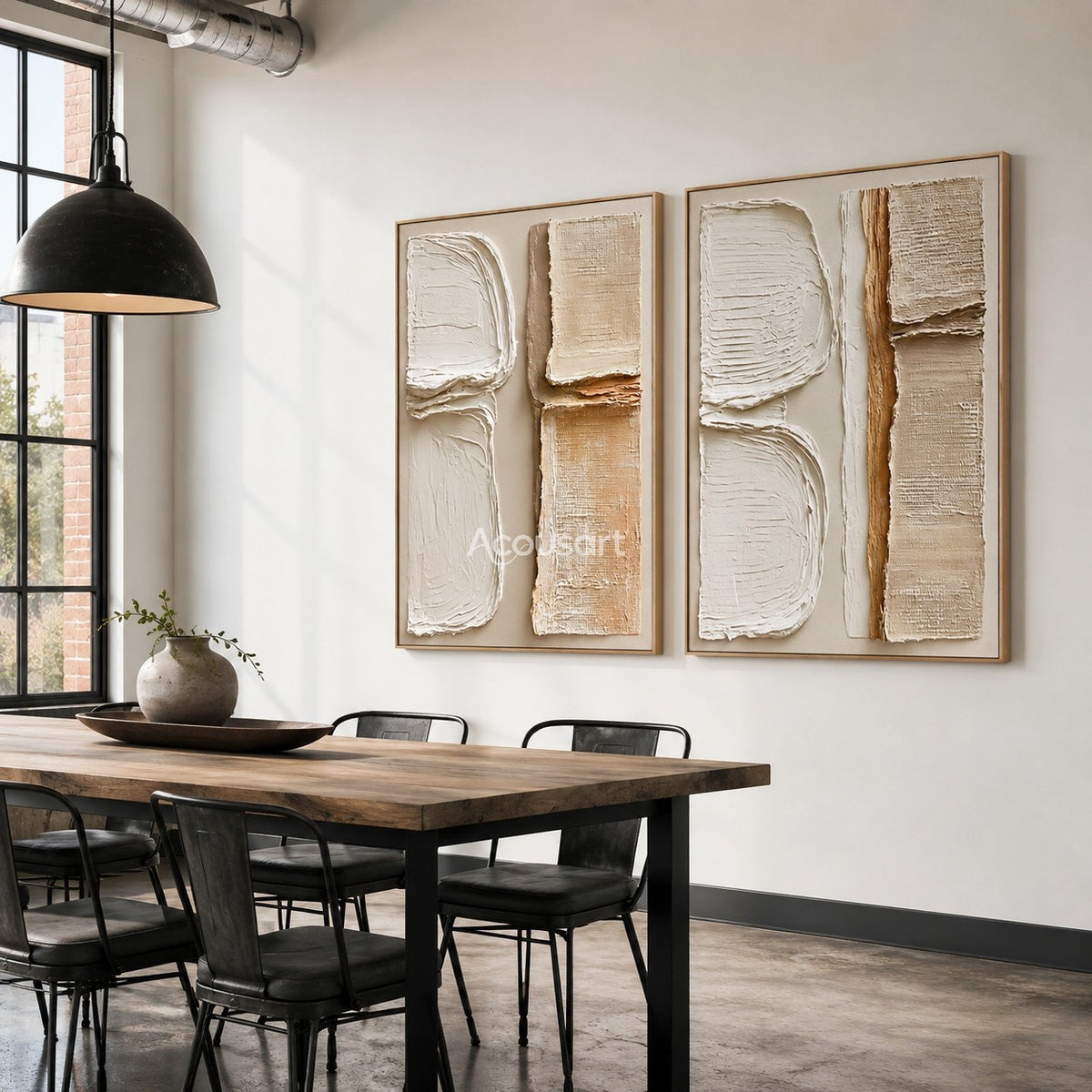 Neutral textured abstract wall art set with raised cream, beige, taupe, and clay geometric shapes