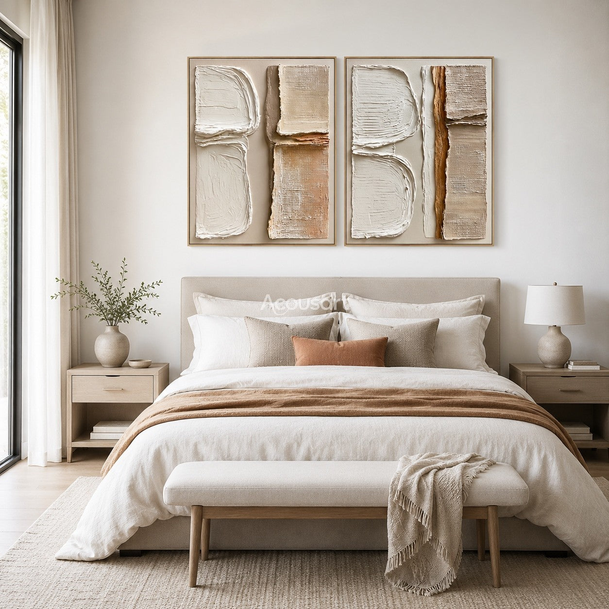 Neutral textured abstract wall art set with raised cream, beige, taupe, and clay geometric shapes