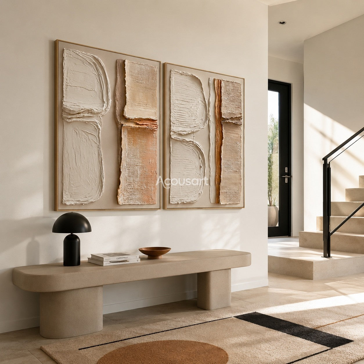 Neutral textured abstract wall art set with raised cream, beige, taupe, and clay geometric shapes