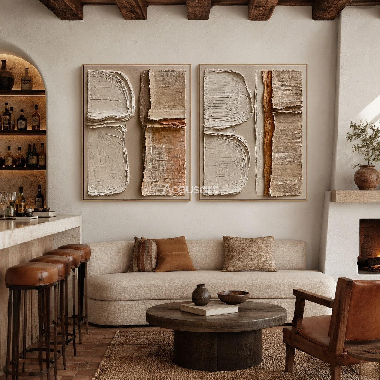 Neutral textured abstract wall art set with raised cream, beige, taupe, and clay geometric shapes