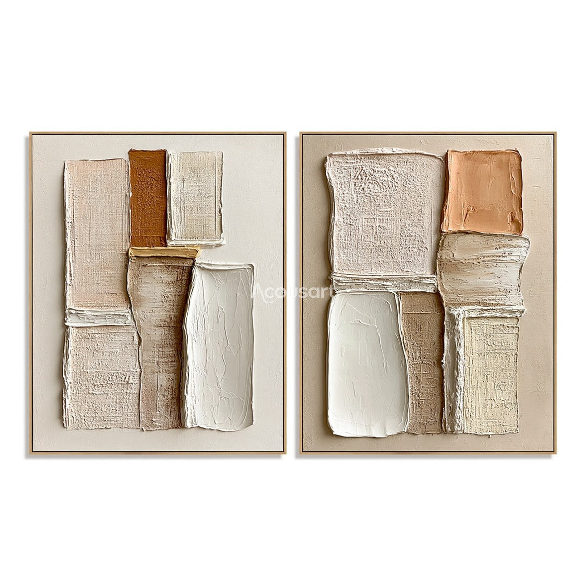 Neutral textured abstract wall art set with raised cream, beige, taupe, peach, and rust geometric blocks
