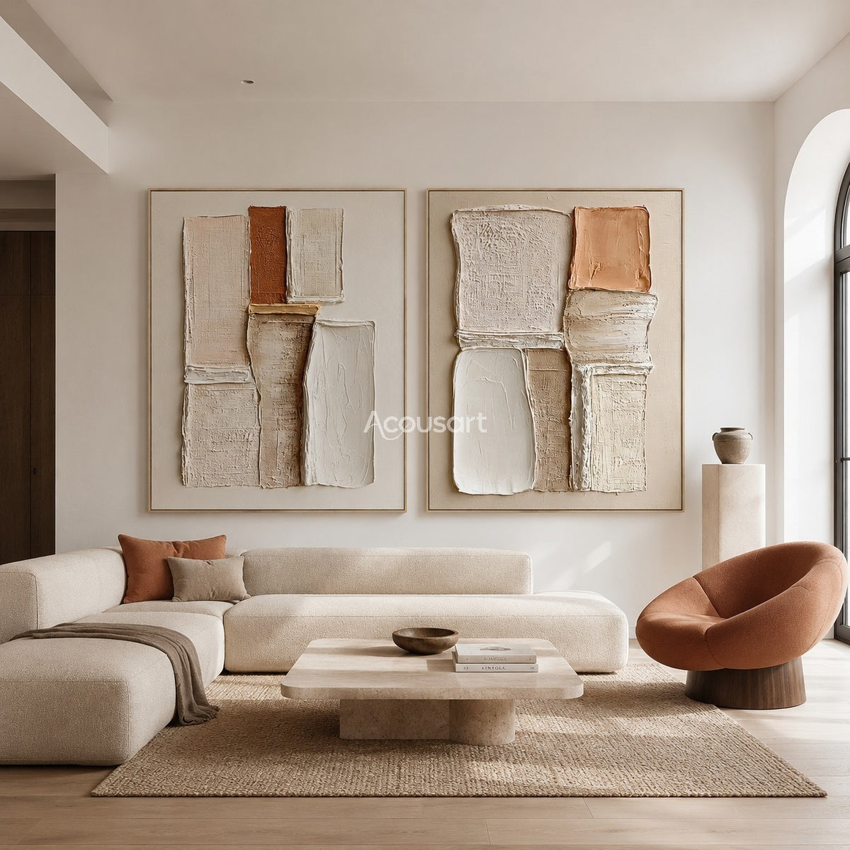 Neutral textured abstract wall art set with raised cream, beige, taupe, peach, and rust geometric blocks