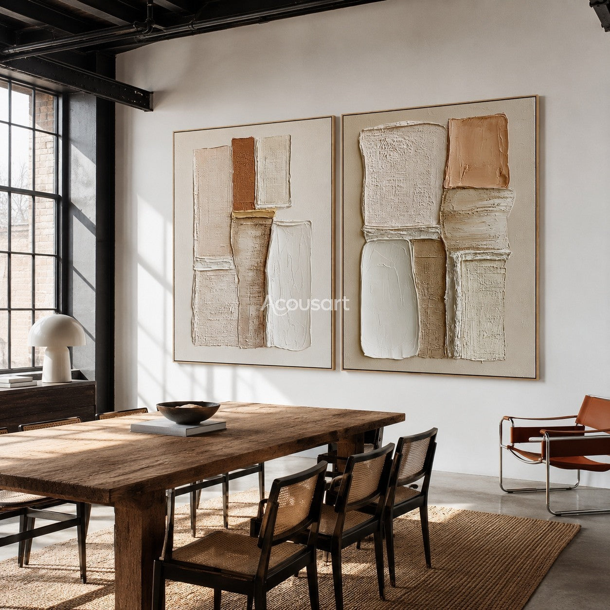 Neutral textured abstract wall art set with raised cream, beige, taupe, peach, and rust geometric blocks