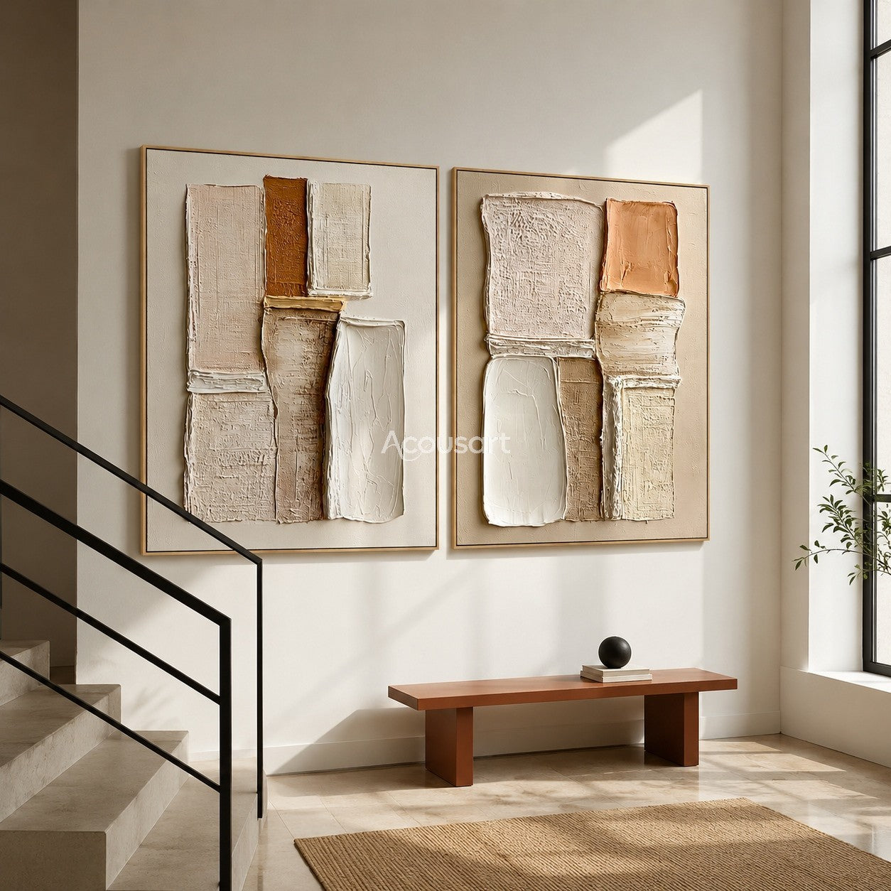 Neutral textured abstract wall art set with raised cream, beige, taupe, peach, and rust geometric blocks