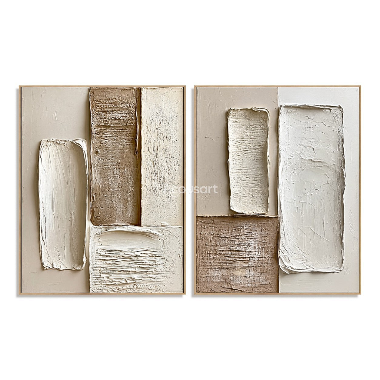 Neutral textured abstract wall art set with raised cream, beige, taupe, and brown block shapes