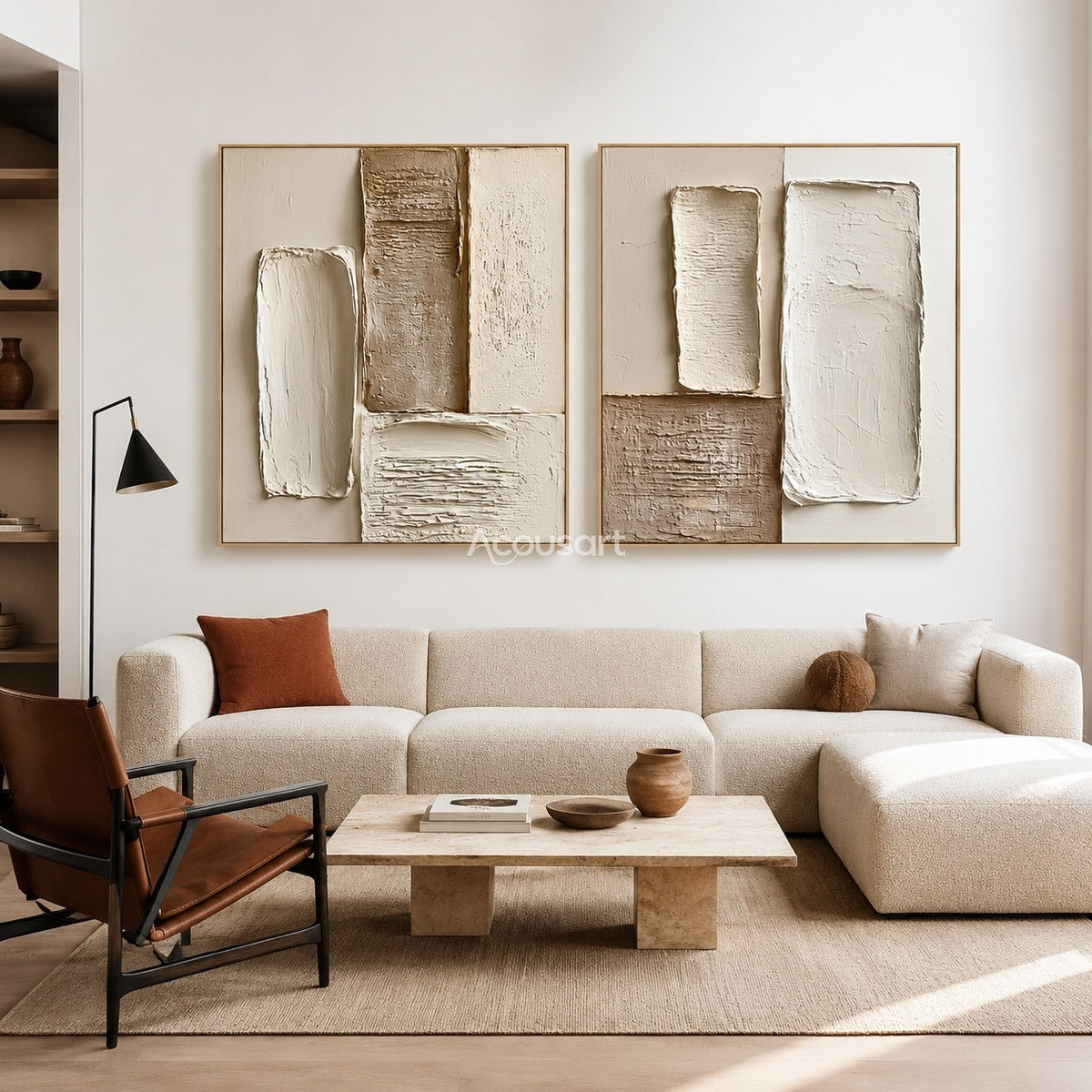 Neutral textured abstract wall art set with raised cream, beige, taupe, and brown block shapes