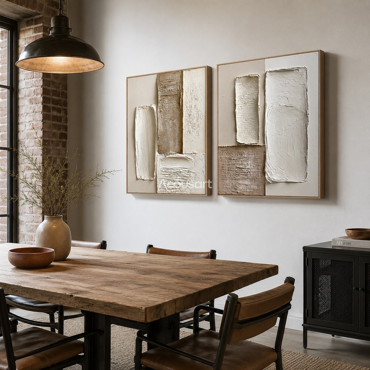 Neutral textured abstract wall art set with raised cream, beige, taupe, and brown block shapes