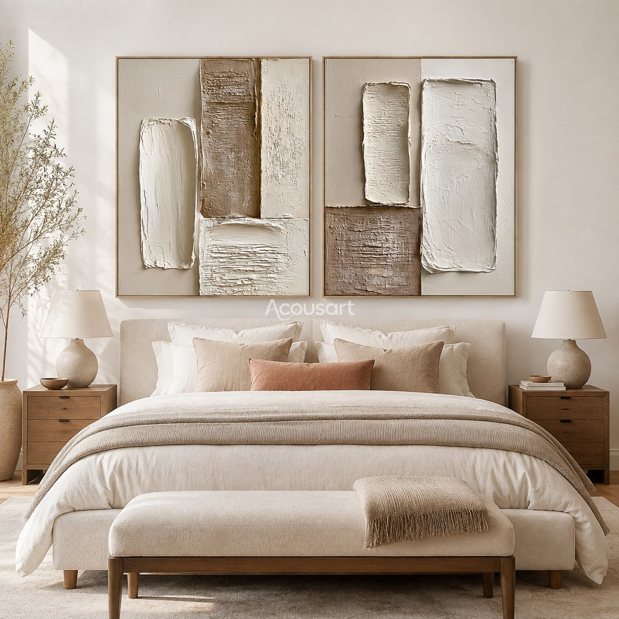 Neutral textured abstract wall art set with raised cream, beige, taupe, and brown block shapes