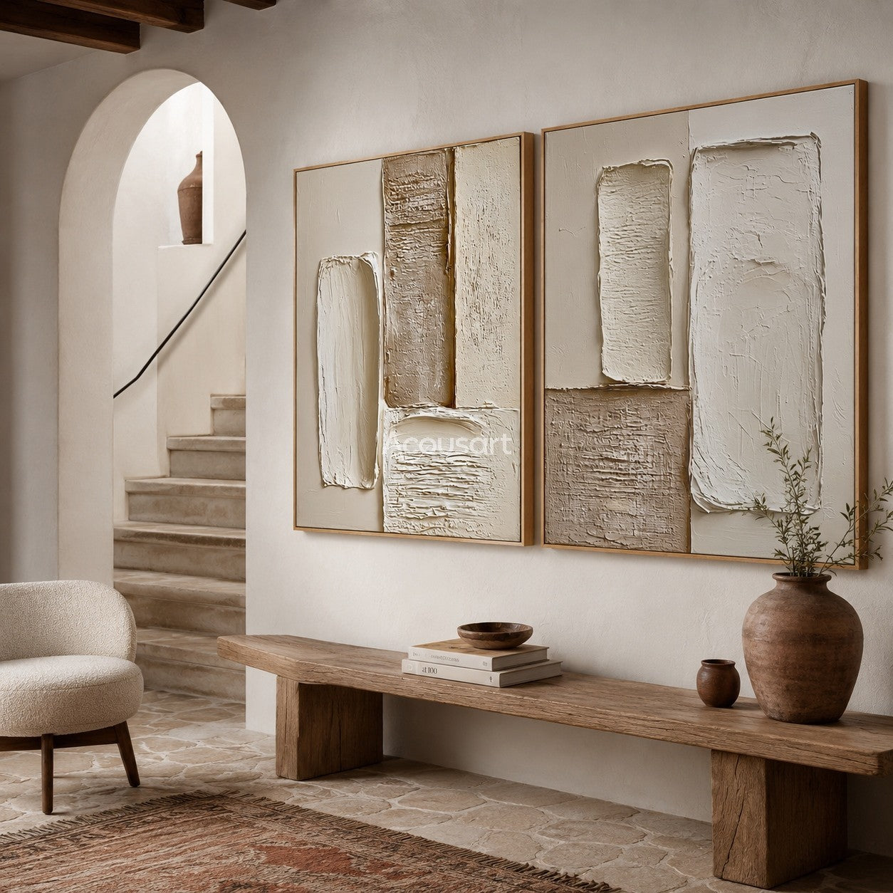 Neutral textured abstract wall art set with raised cream, beige, taupe, and brown block shapes