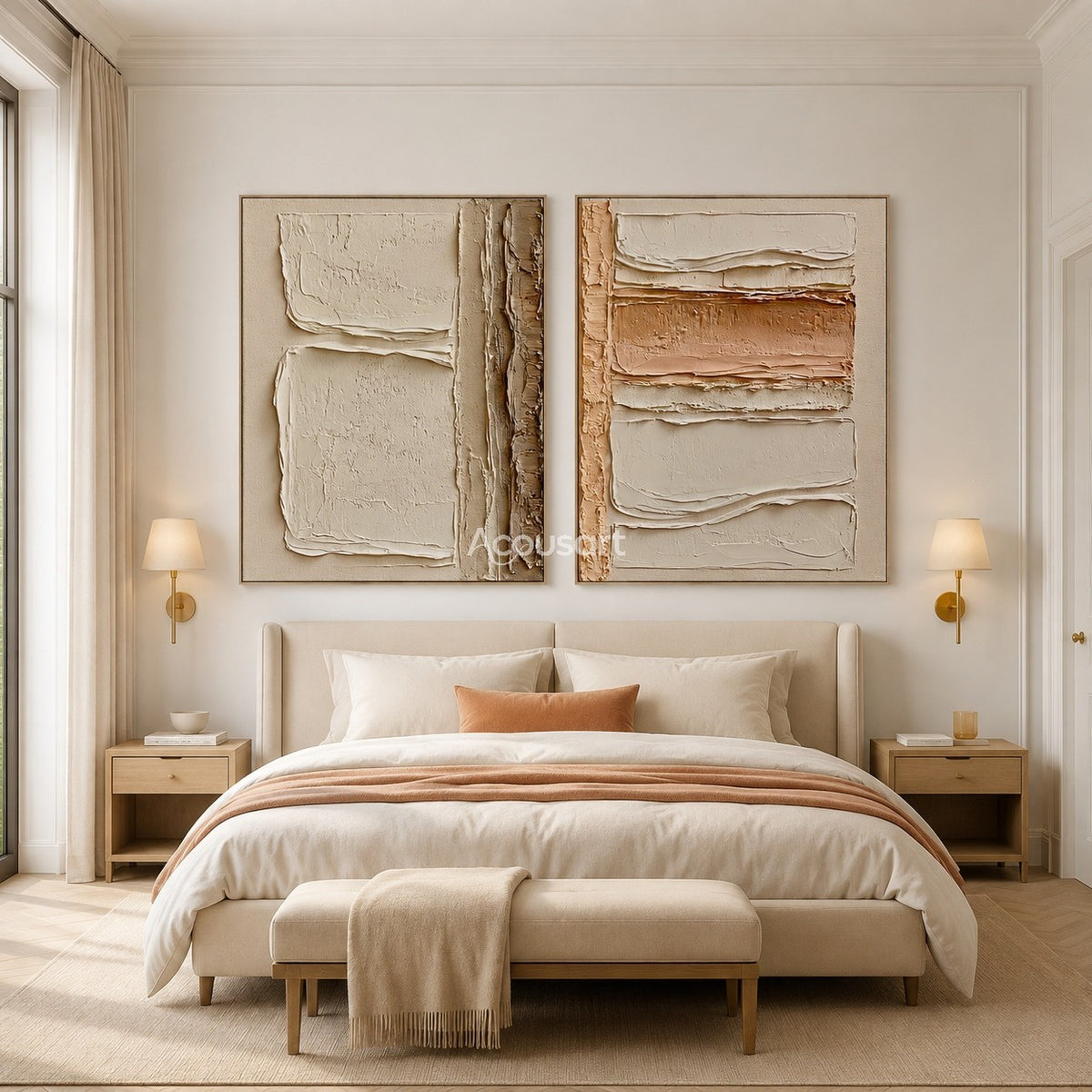 Neutral textured abstract wall art set with raised cream, beige, taupe, and clay layered block shapes