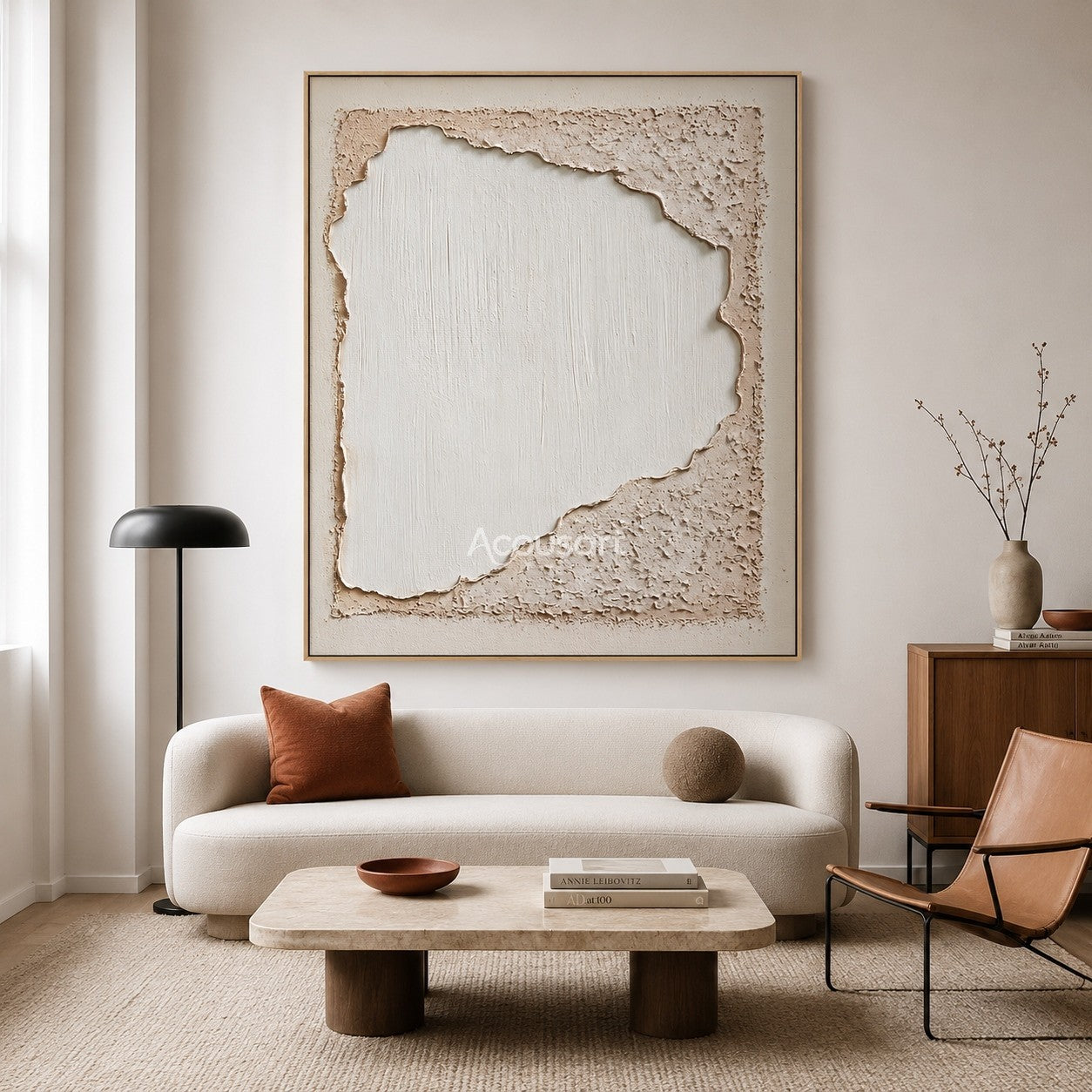 Neutral textured abstract wall art with ivory center and beige plaster border
