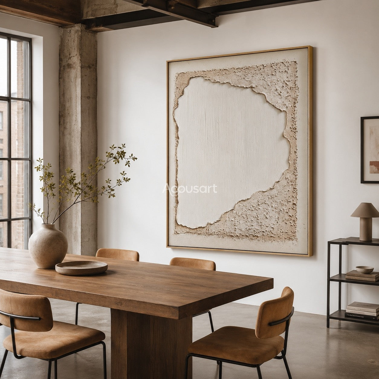 Neutral textured abstract wall art with ivory center and beige plaster border