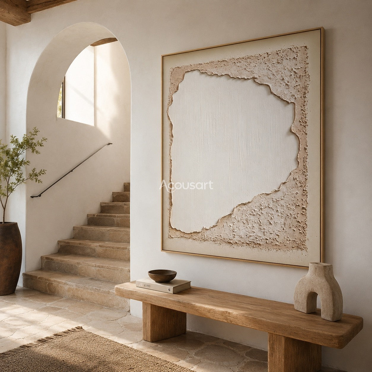Neutral textured abstract wall art with ivory center and beige plaster border